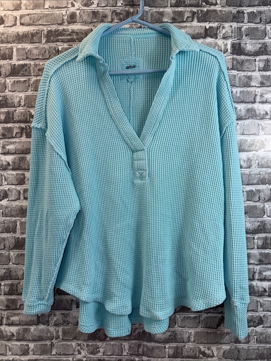 aerie Sweaters - aerie Aqua Waffle-Knit V-Neck Collared Sweater